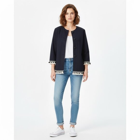 Zara Jackets & Blazers - Zara Navy Cotton Pom Pom Embellished Jacket Medium